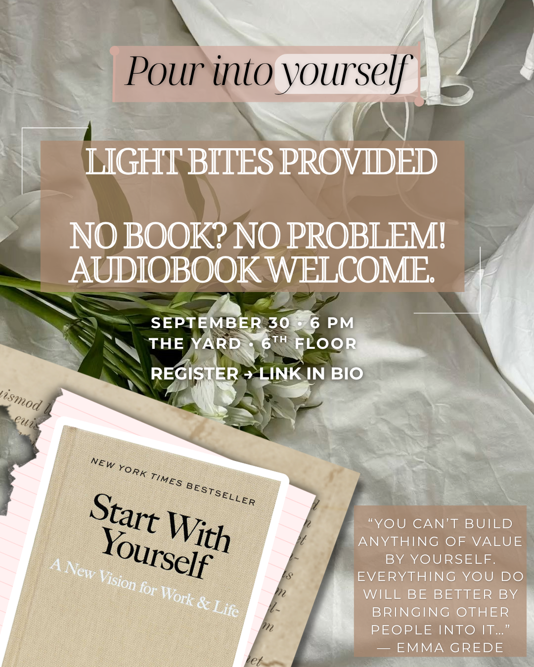 Inspirate Marketing book club graphic with event details and a quote from Emma Grede